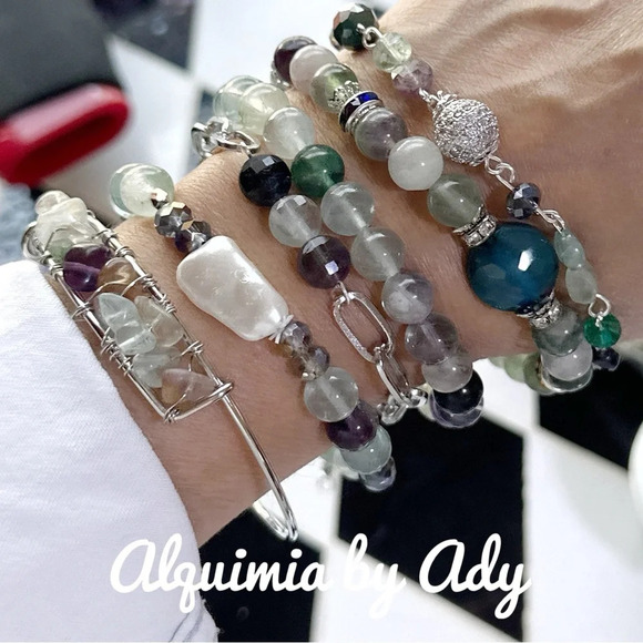 Fluorite silver curbed chain adjustable chunky beaded bracelet - Picture 3 of 12